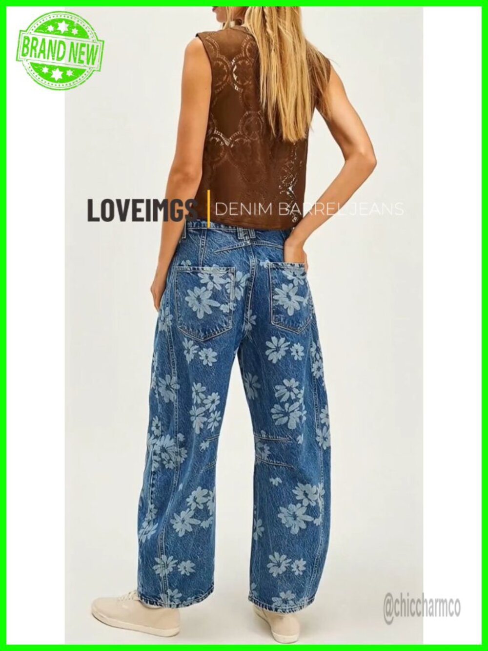 Y2k Distressed Barrel Jeans Floral Printed Patchwork Denim Pants - Picture 7 of 7